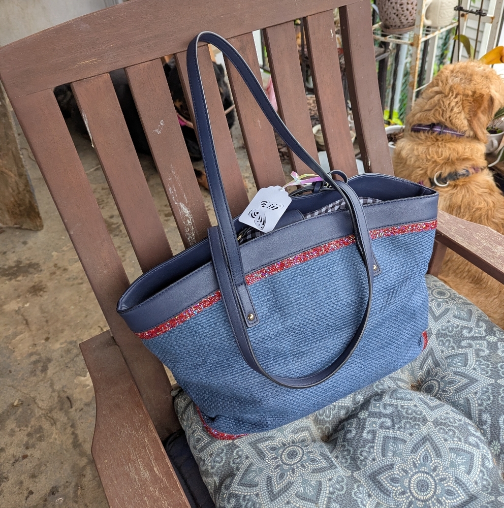 UPCYCLED ๐ ๐ DON'T BE KOI ๐๐ Leather/Woven Cotton TOTE๐ฟ PEACE GARDEN DESIGNS - Picture 2 of 15